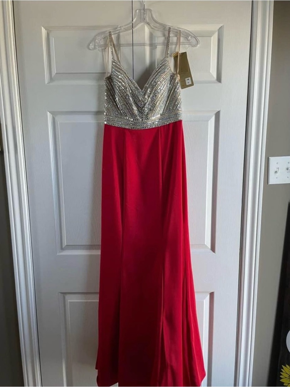 Silver Sequin Bodice Red Prom Gown